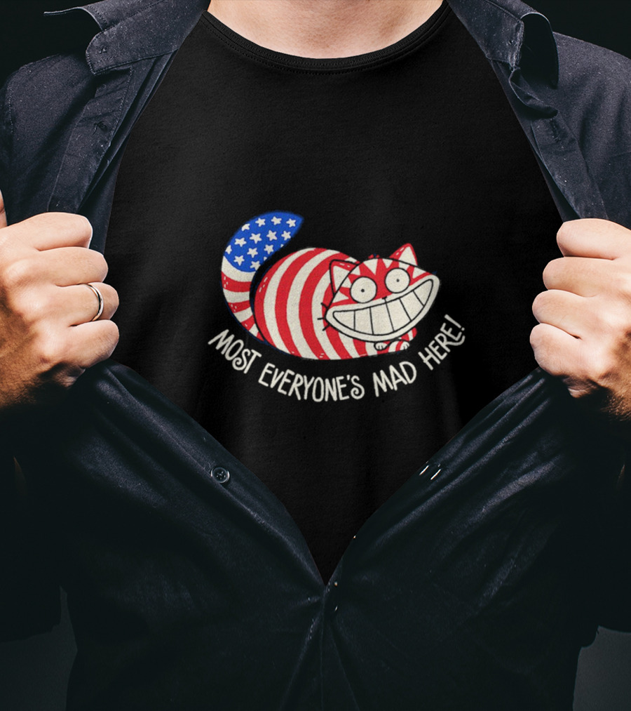 Muricat Most Everyone's Mad Here Cheshire Cat American Flag Stripes T-Shirt