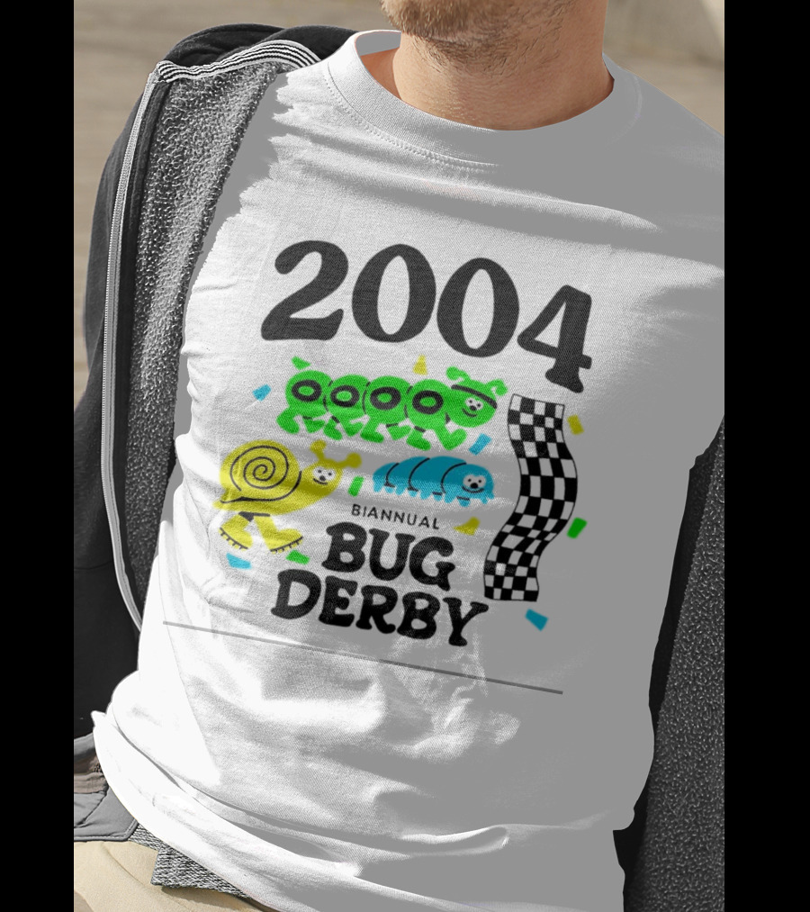 2004 Biannual Bug Derby Colorful Cartoon Caterpillars With Checkered Flag T-Shirt