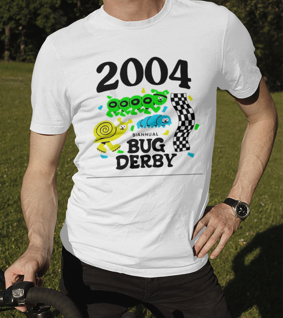 2004 Biannual Bug Derby Colorful Cartoon Caterpillars With Checkered Flag T-Shirt
