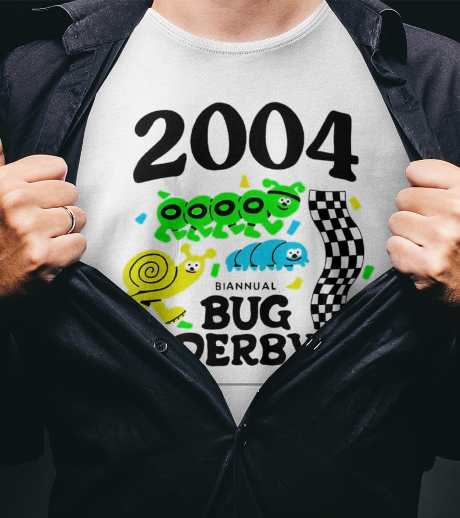 2004 Biannual Bug Derby Colorful Cartoon Caterpillars With Checkered Flag T-Shirt