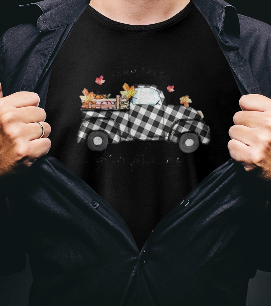 Farm Fresh Pumpkins Plaid Truck With Autumn Leaves T-Shirt
