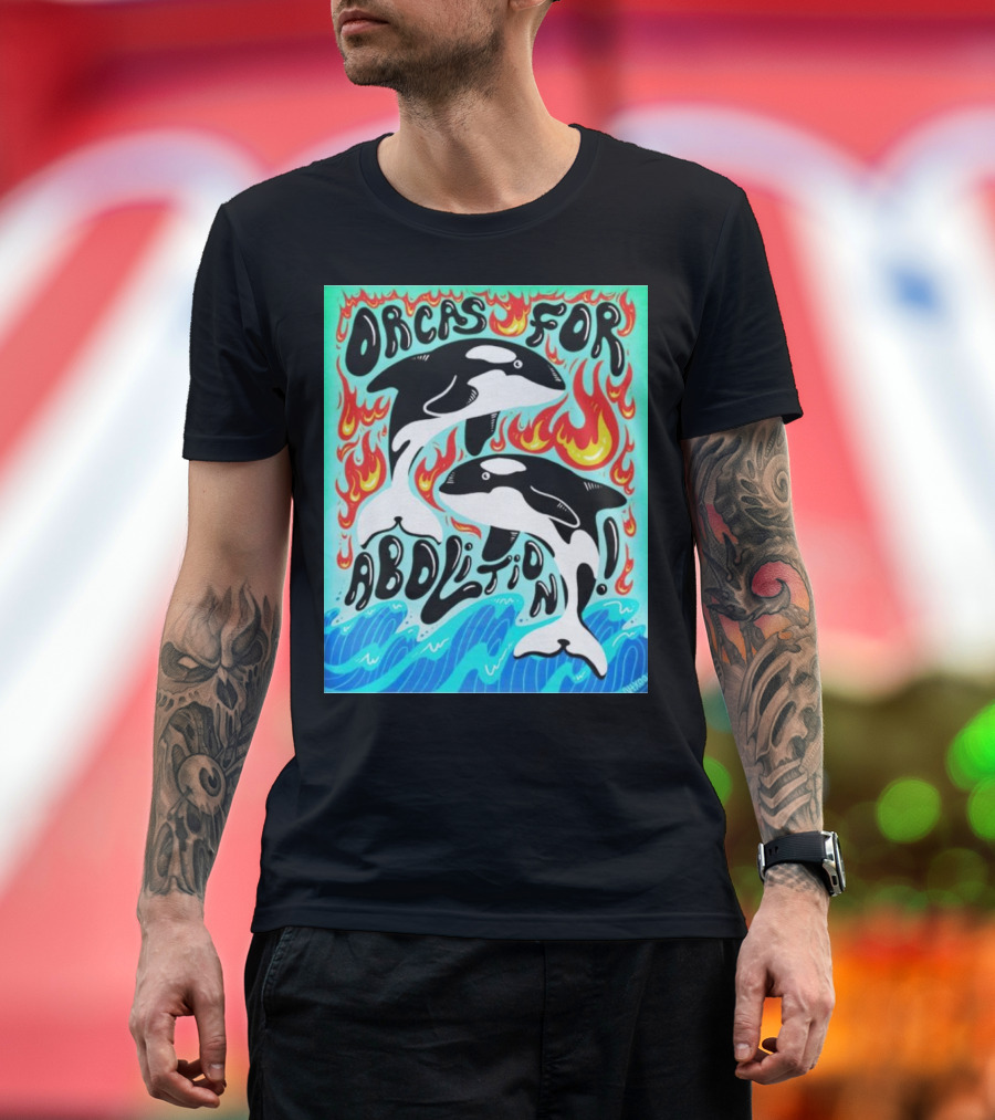 Orcas for Abolition Ocean Waves and Flames T-Shirt