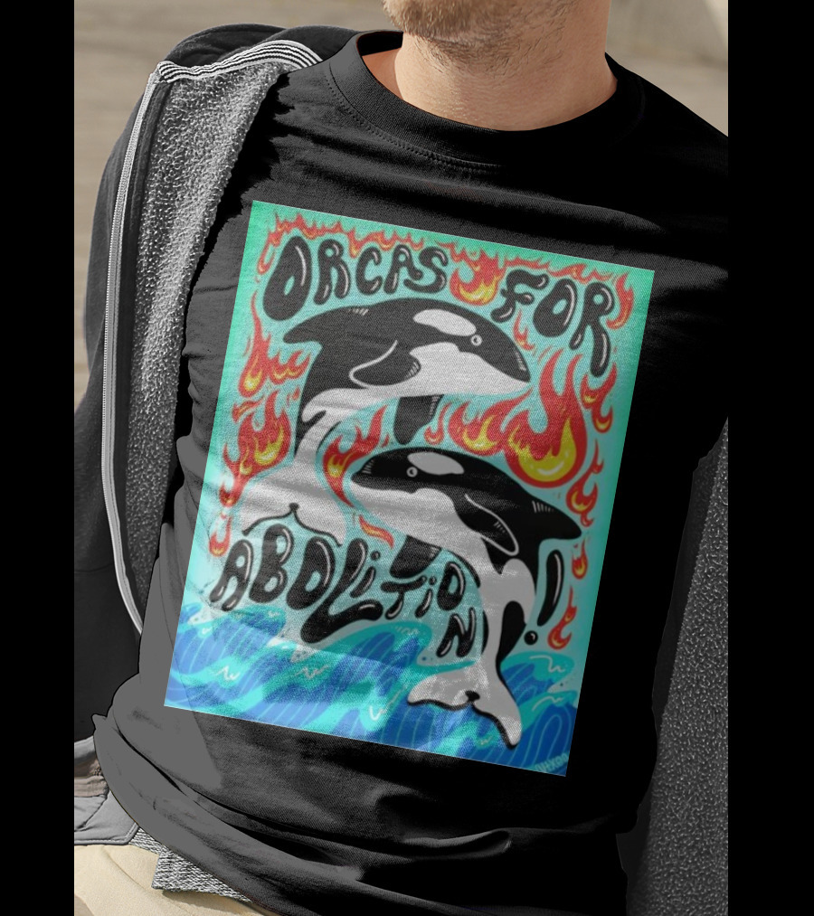Orcas For Abolition Ocean Waves And Flames T-Shirt