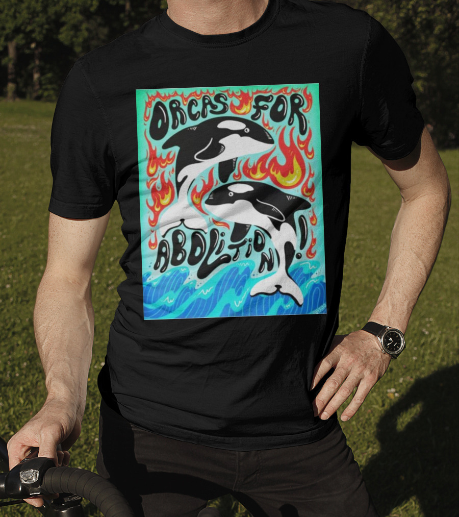 Orcas For Abolition Ocean Waves And Flames T-Shirt