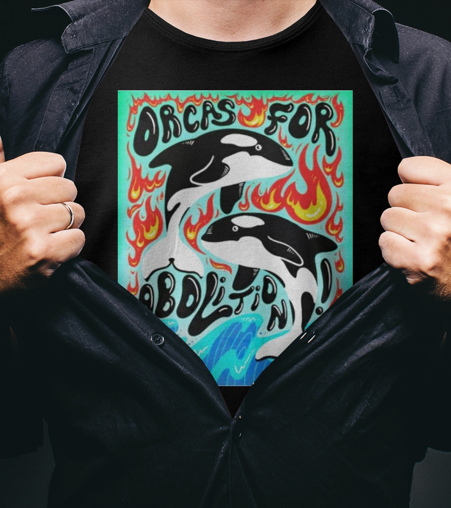 Orcas For Abolition Ocean Waves And Flames T-Shirt