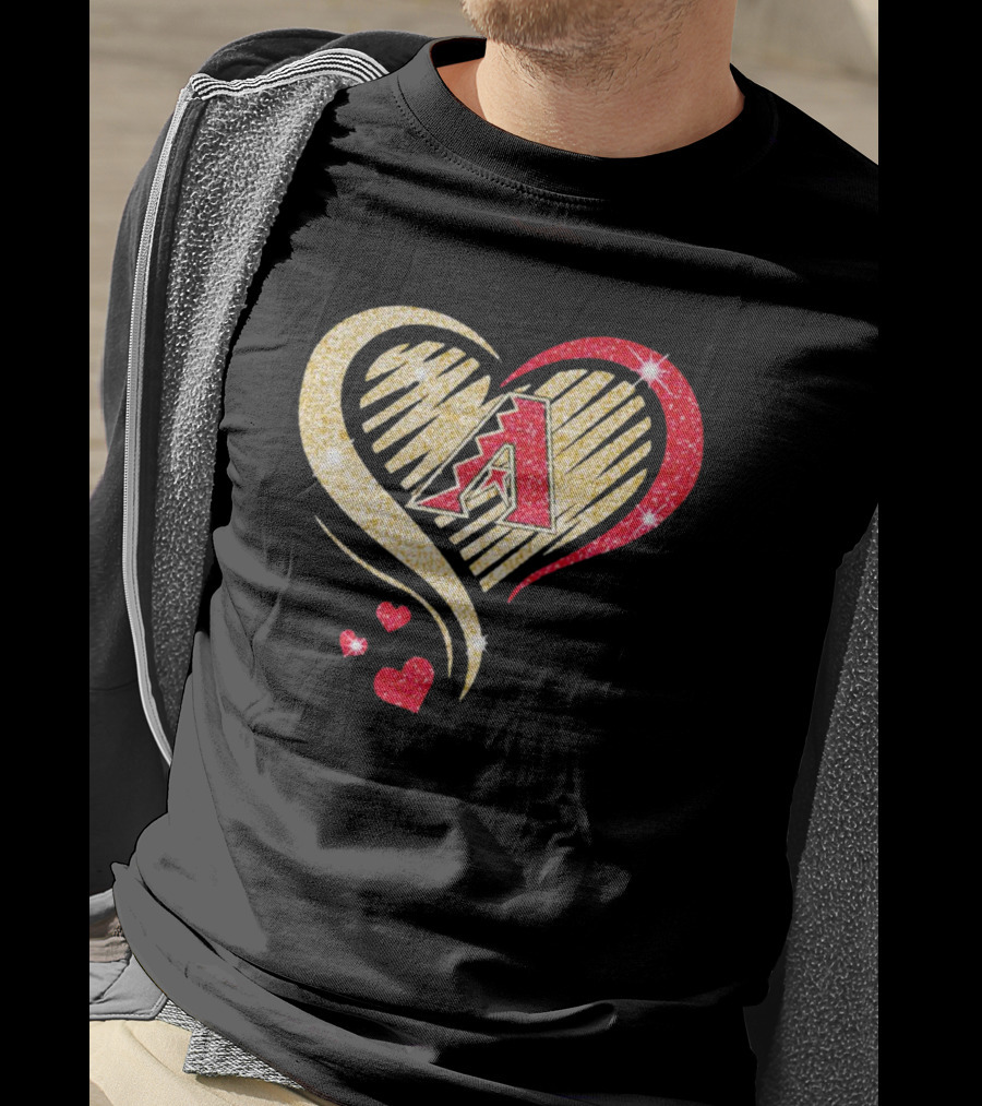 Arizona Diamondbacks Glitter Heart Design With Team Logo In Gold And Red T-Shirt