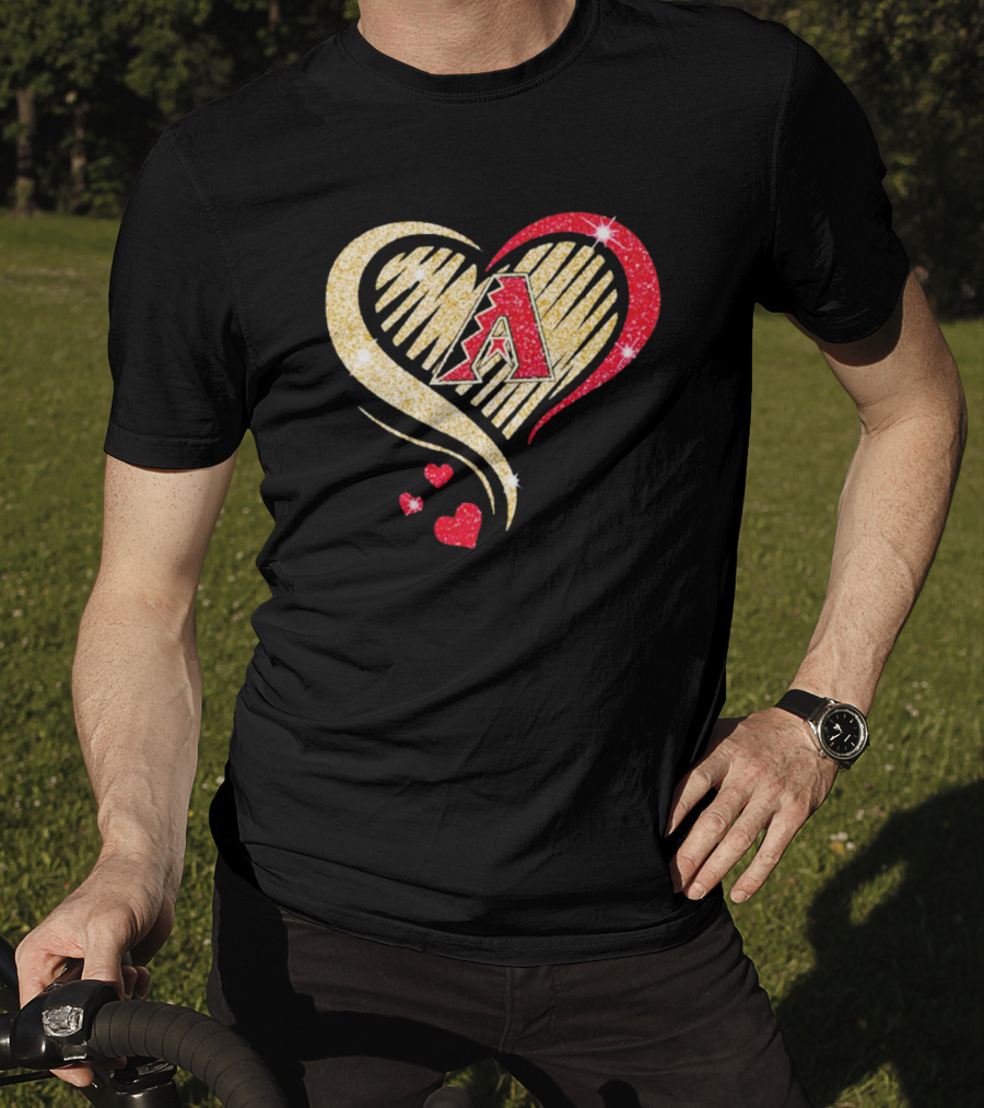 Arizona Diamondbacks Glitter Heart Design With Team Logo In Gold And Red T-Shirt