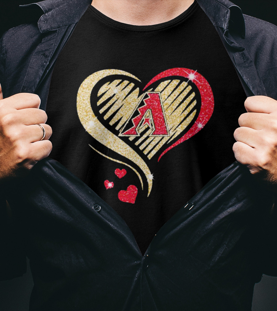Arizona Diamondbacks Glitter Heart Design With Team Logo In Gold And Red T-Shirt