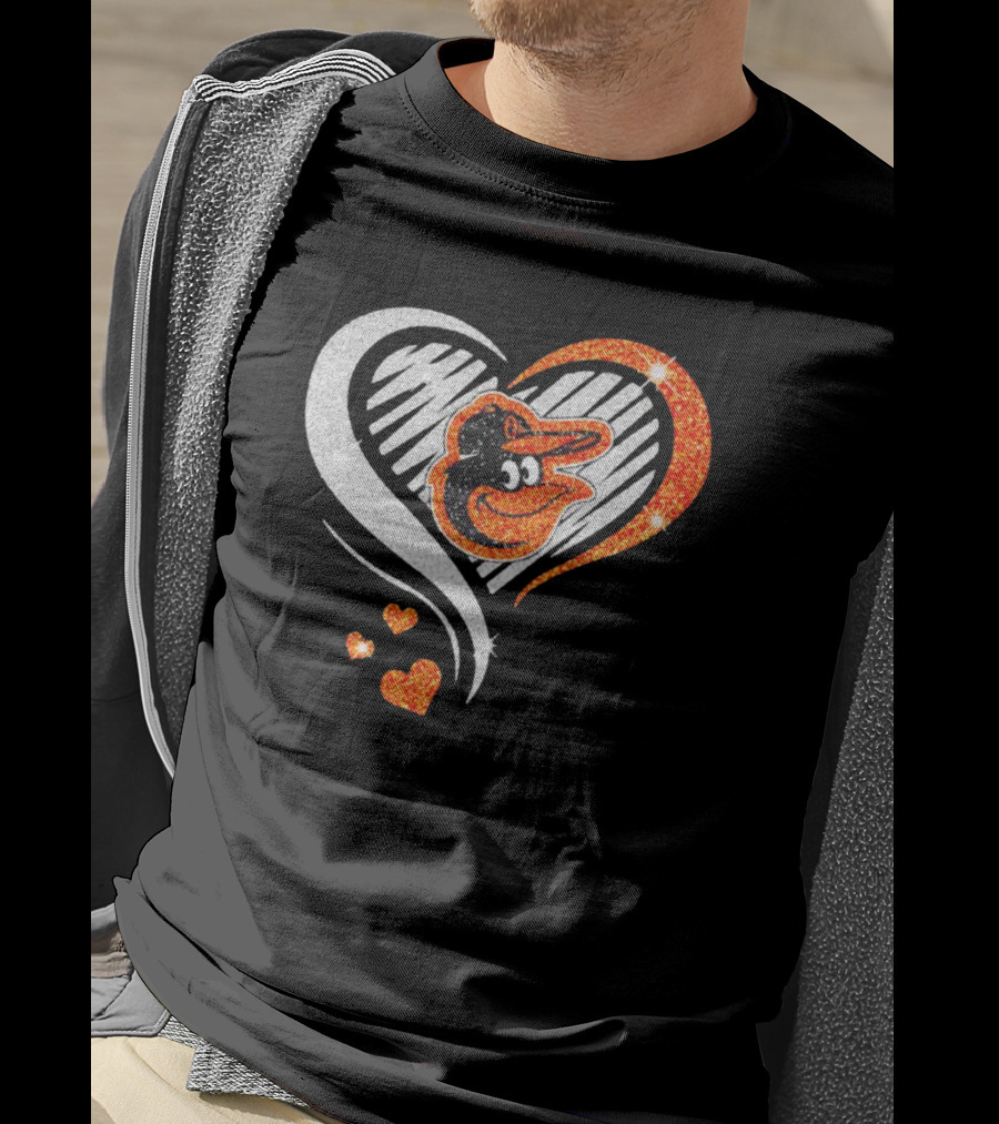 Baltimore Orioles Heart Shaped Logo With Orange Glitter Diamond T-Shirt