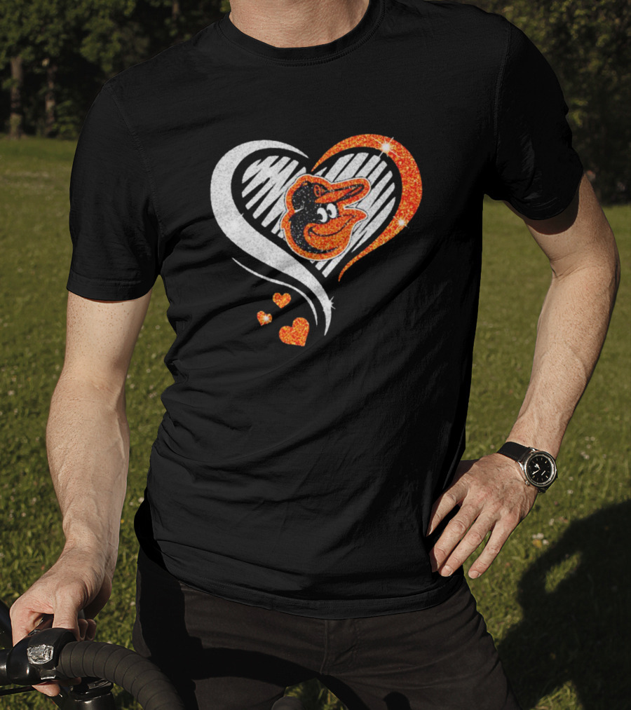 Baltimore Orioles Heart Shaped Logo With Orange Glitter Diamond T-Shirt