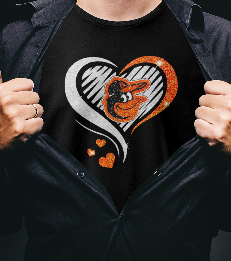 Baltimore Orioles Heart Shaped Logo With Orange Glitter Diamond T-Shirt