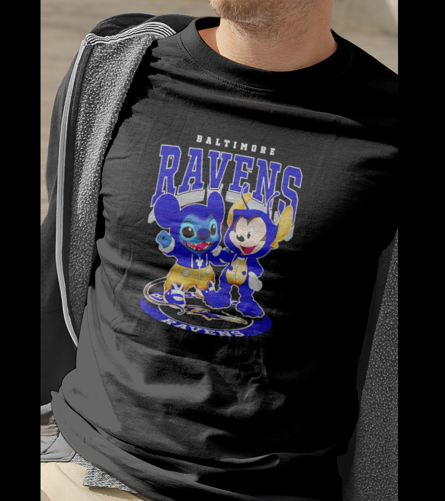 Baltimore Ravens Stitch And Mickey Character Collaboration Football T-Shirt