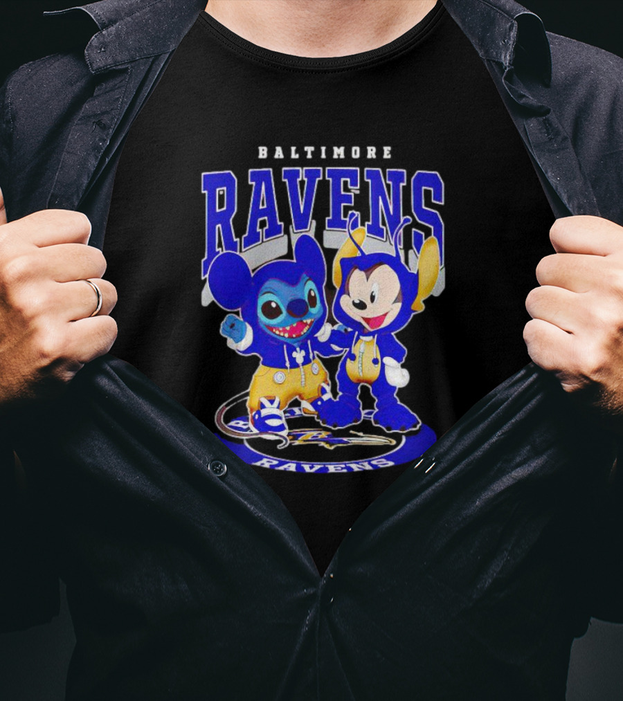 Baltimore Ravens Stitch And Mickey Character Collaboration Football T-Shirt
