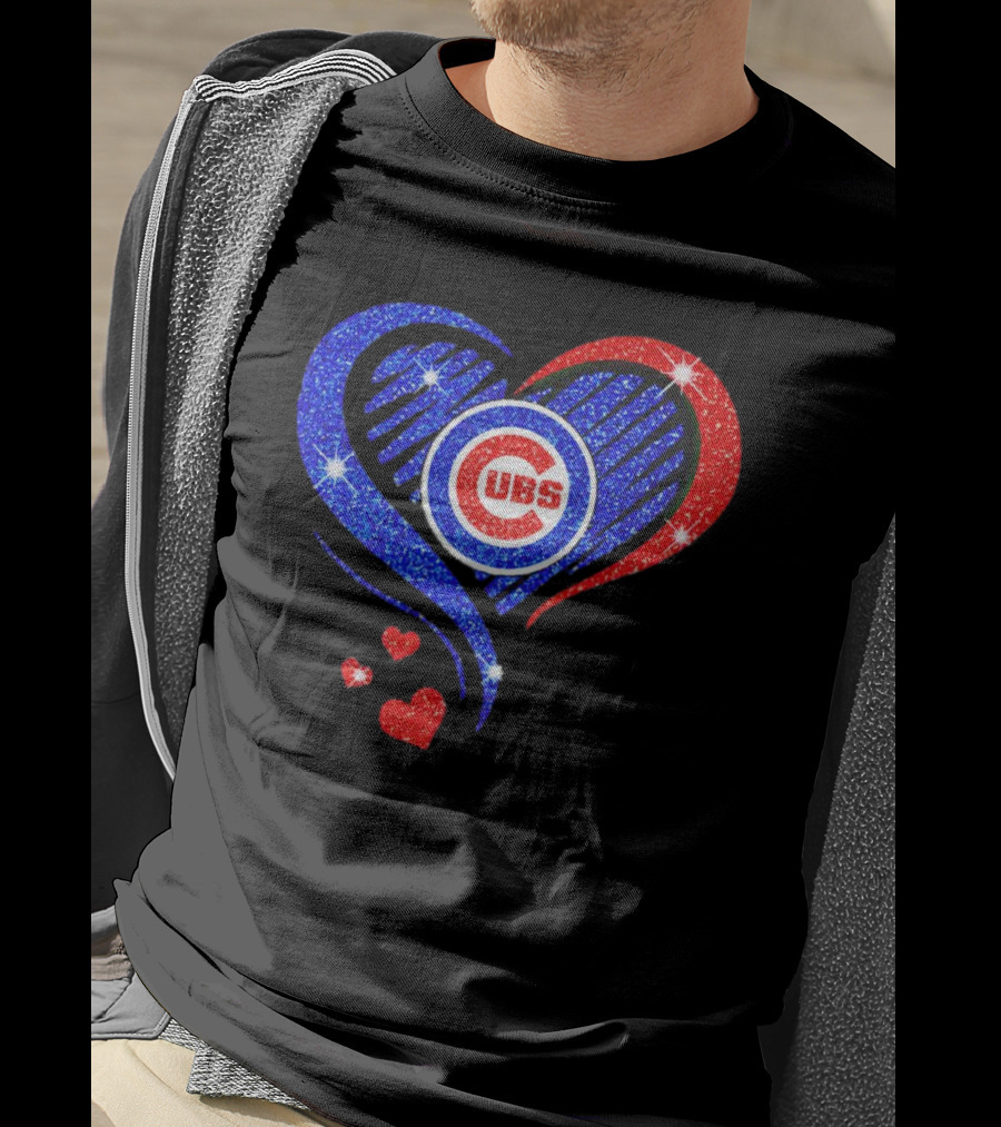 Chicago Cubs Glitter Heart Logo With Red And Blue Diamond T-Shirt
