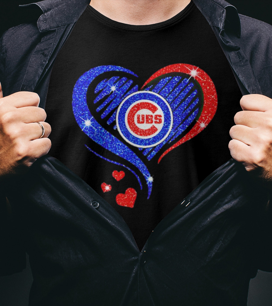 Chicago Cubs Glitter Heart Logo With Red And Blue Diamond T-Shirt