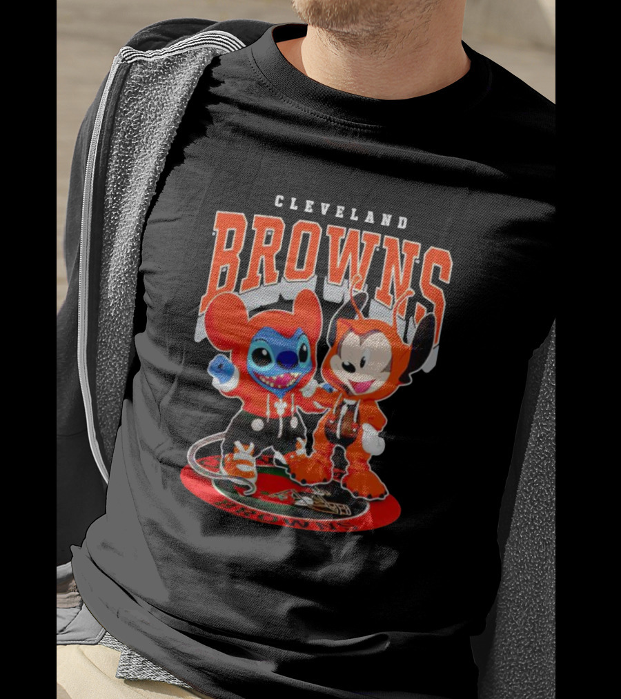 Cleveland Browns Mickey And Stitch Character Hoodie Fan T-Shirt