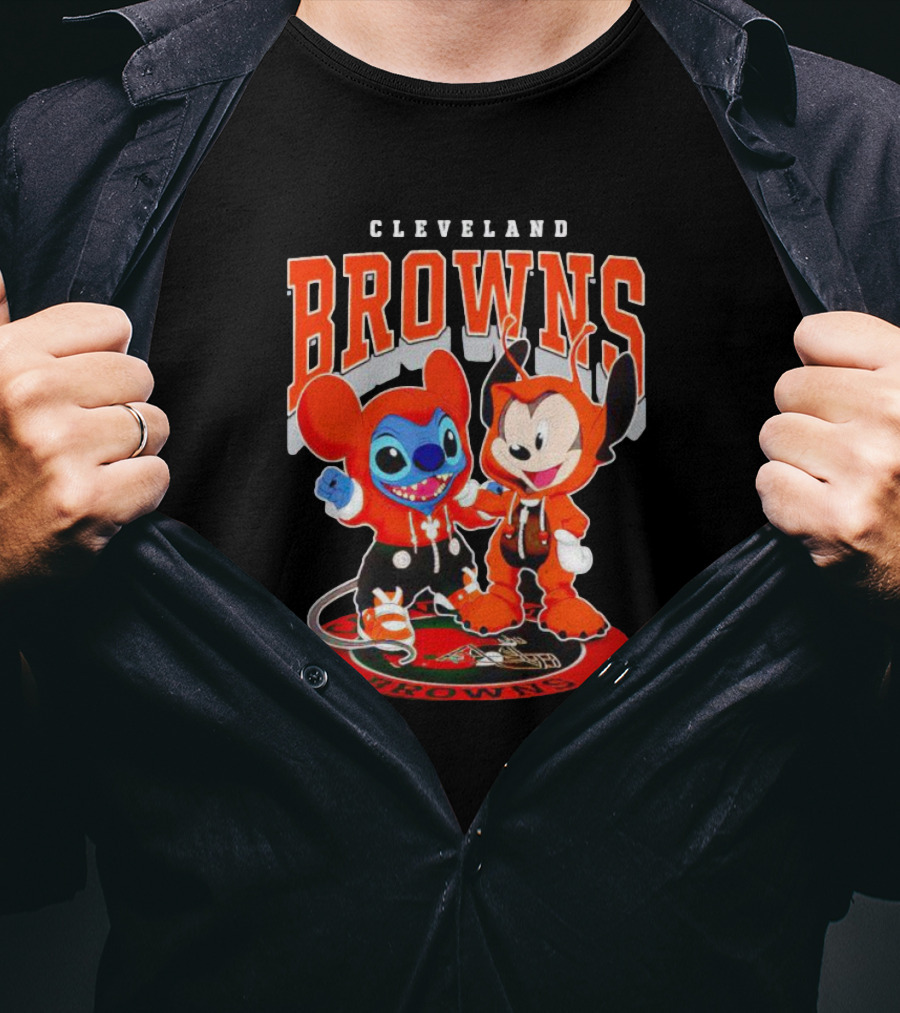Cleveland Browns Mickey And Stitch Character Hoodie Fan T-Shirt