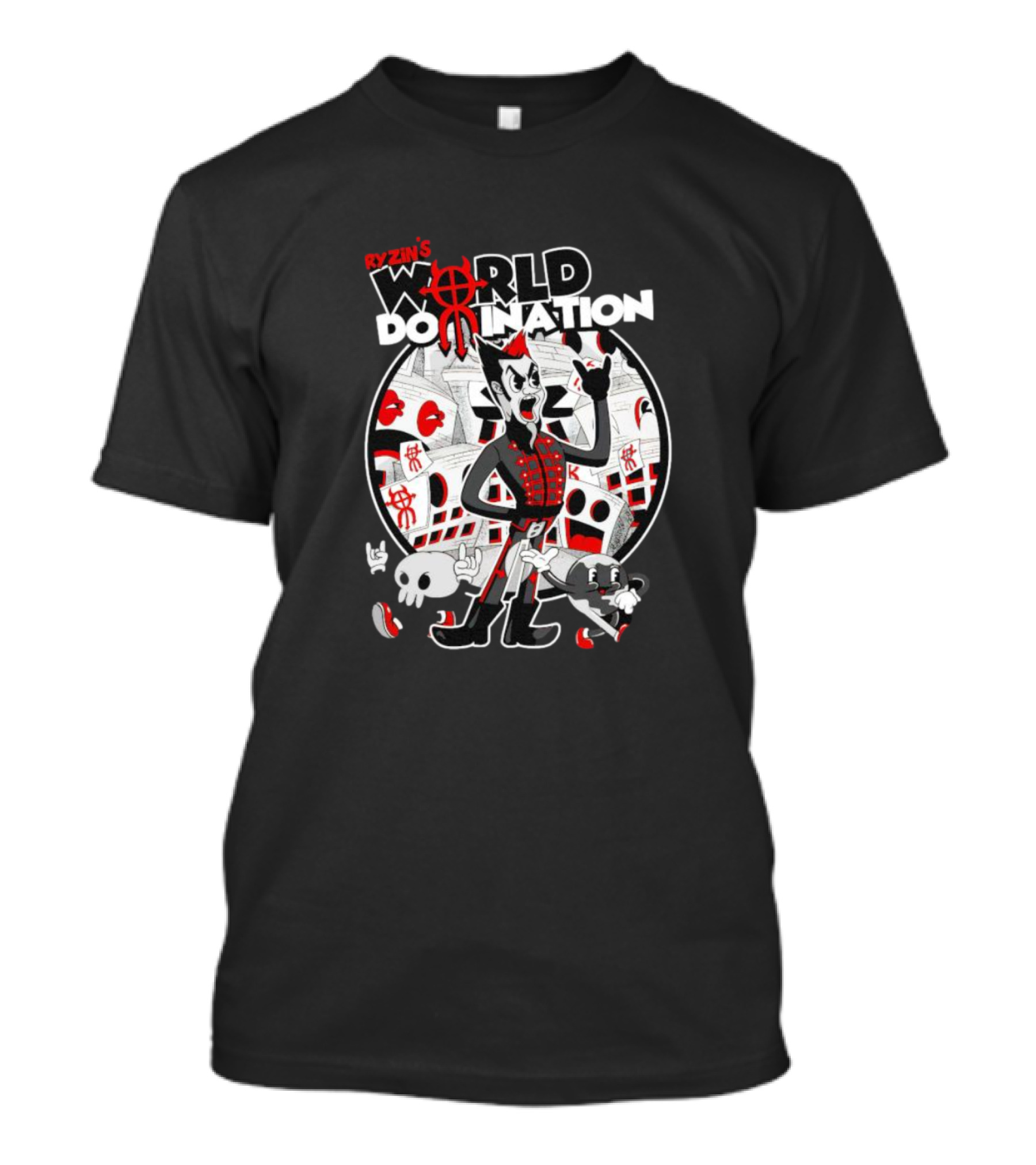 Ryzin's World Domination Cartoon Character Red And Black Motif T-Shirt