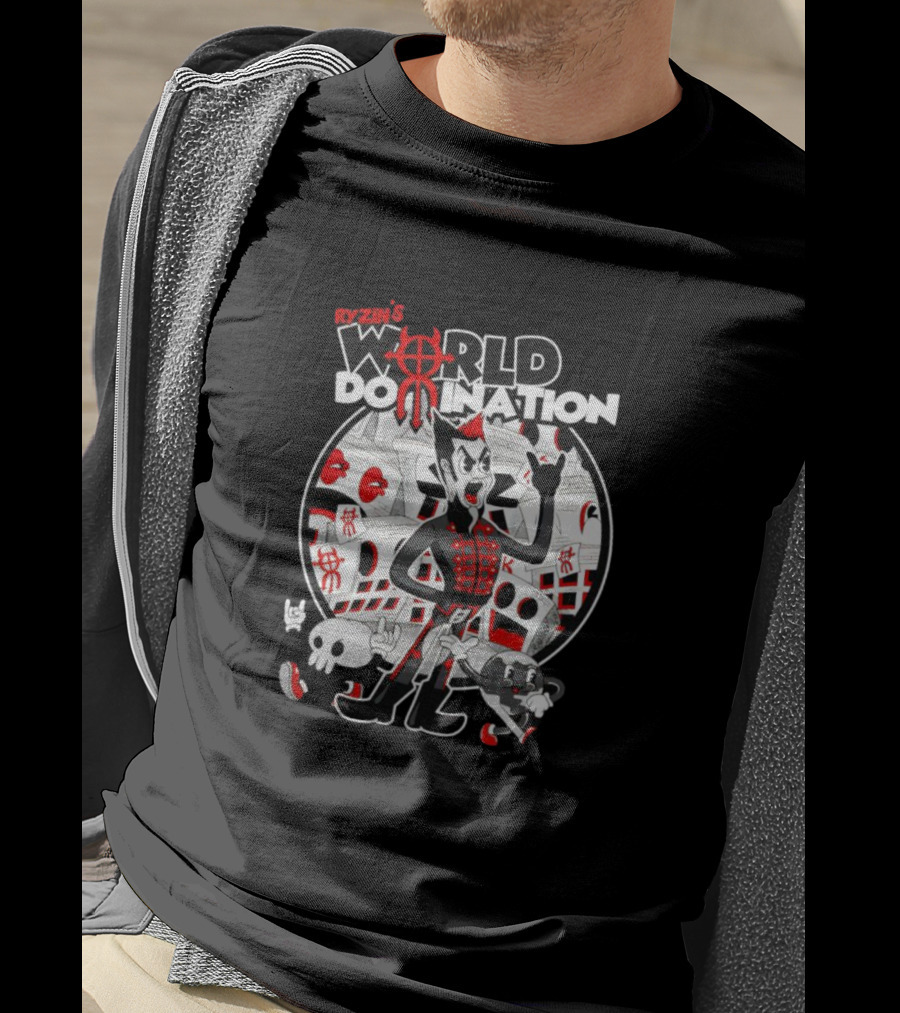 Ryzin's World Domination Cartoon Character Red And Black Motif T-Shirt
