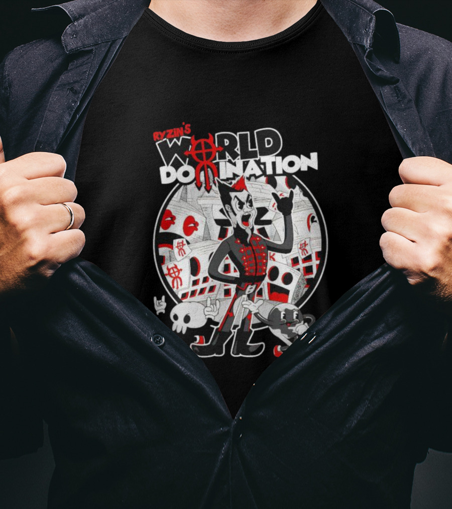 Ryzin's World Domination Cartoon Character Red And Black Motif T-Shirt
