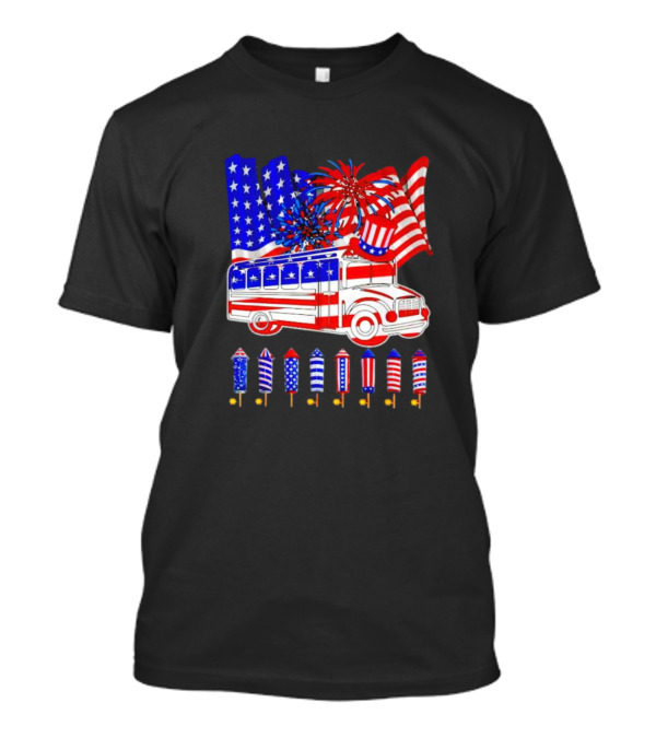 School Bus Fireworks American Flag Happy 4th Of July T-Shirt