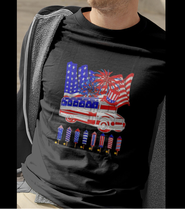 School Bus Fireworks American Flag Happy 4th Of July T-Shirt