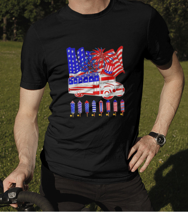 School Bus Fireworks American Flag Happy 4th Of July T-Shirt