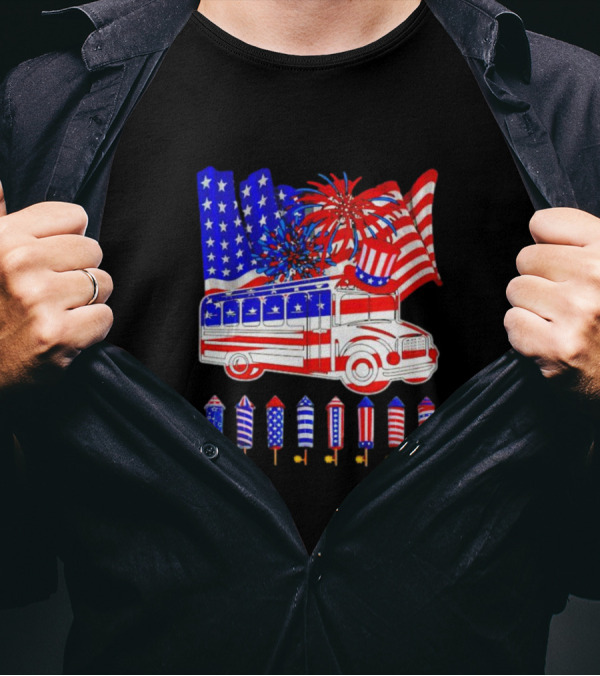 School Bus Fireworks American Flag Happy 4th Of July T-Shirt