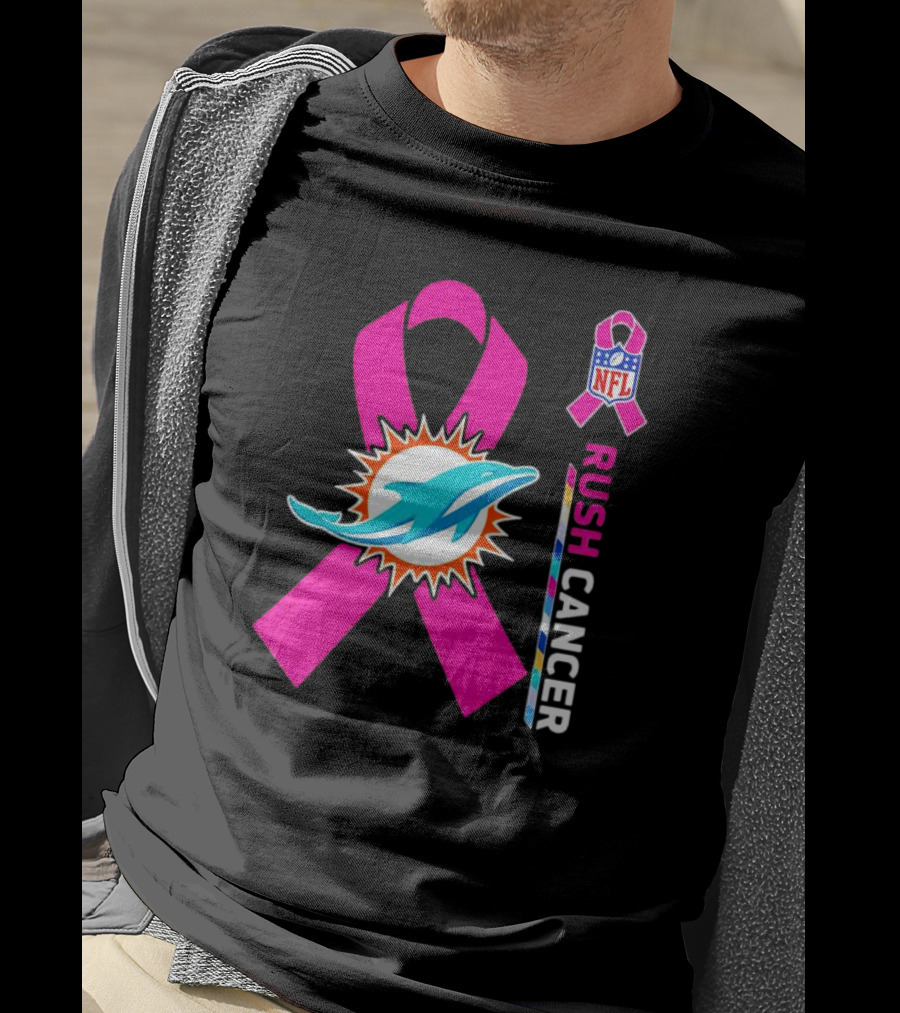 Miami Dolphins NFL Rush Cancer Pink Ribbon Emblem T-Shirt