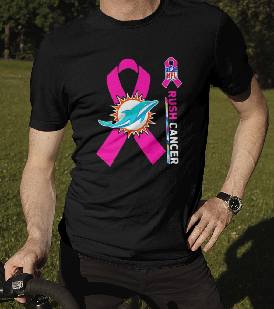 Miami Dolphins NFL Rush Cancer Pink Ribbon Emblem T-Shirt