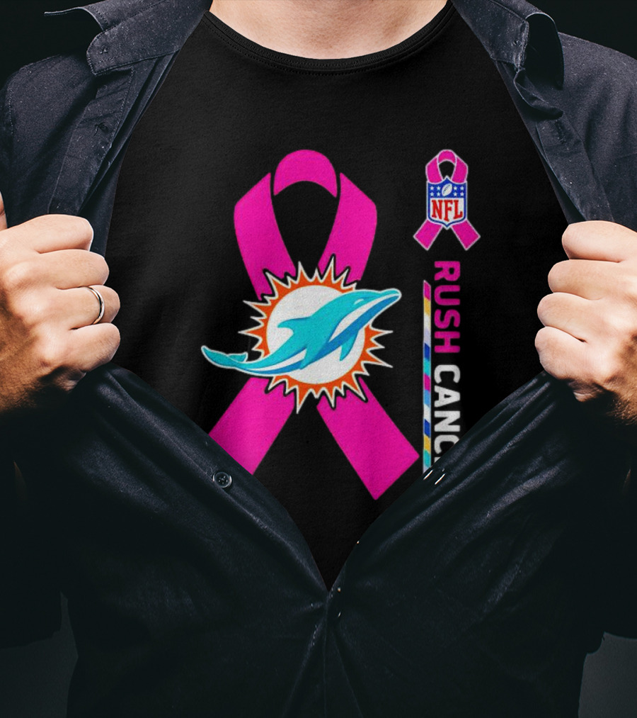 Miami Dolphins NFL Rush Cancer Pink Ribbon Emblem T-Shirt