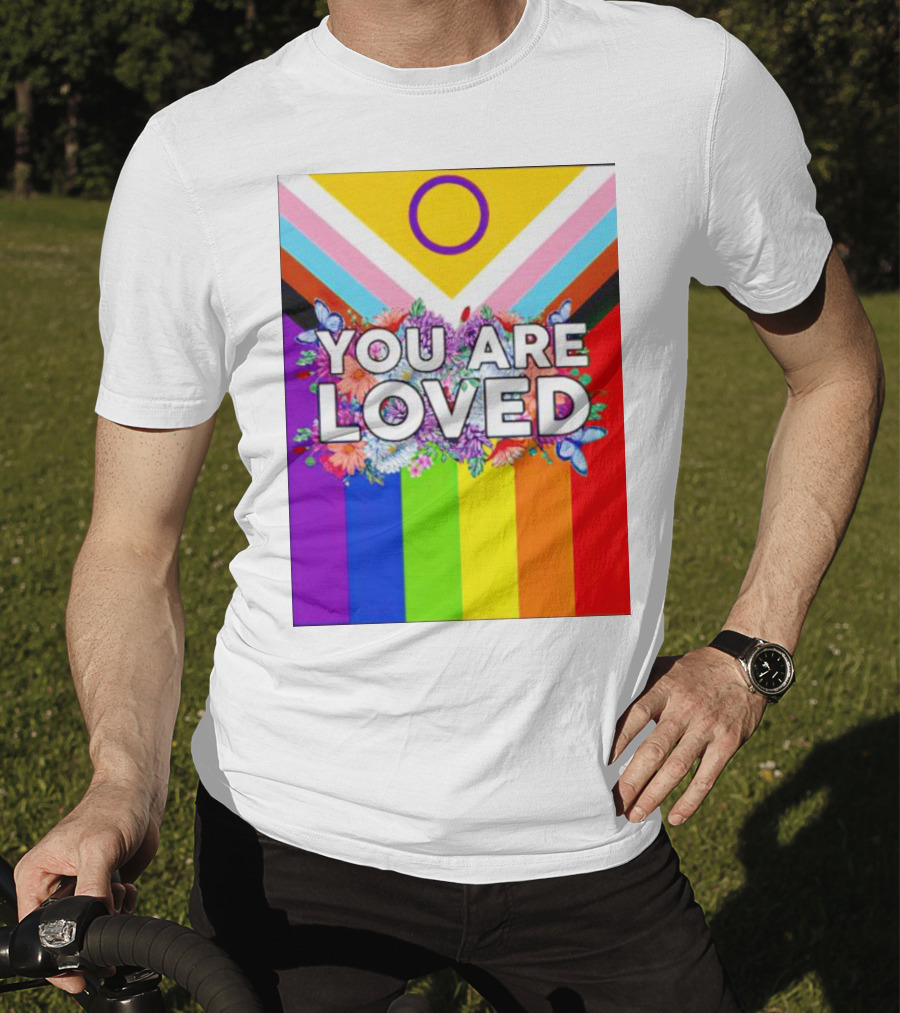 You Are Loved Pride Flag Intersex Inclusion Rainbow Floral Butterflies T-Shirt