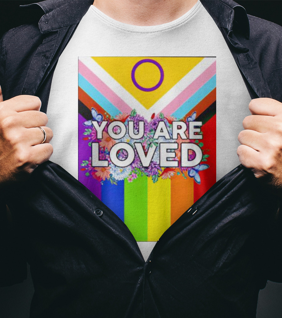 You Are Loved Pride Flag Intersex Inclusion Rainbow Floral Butterflies T-Shirt