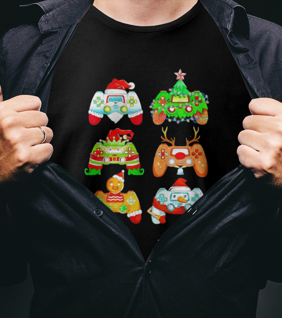 Christmas Santa Elf Snowman Reindeer Gaming Controllers Holiday T-Shirt