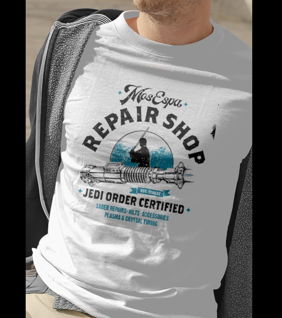 Mos Espa Repair Shop Jedi Order Certified Saber Repairs Plasma Crystal Tuning T-Shirt