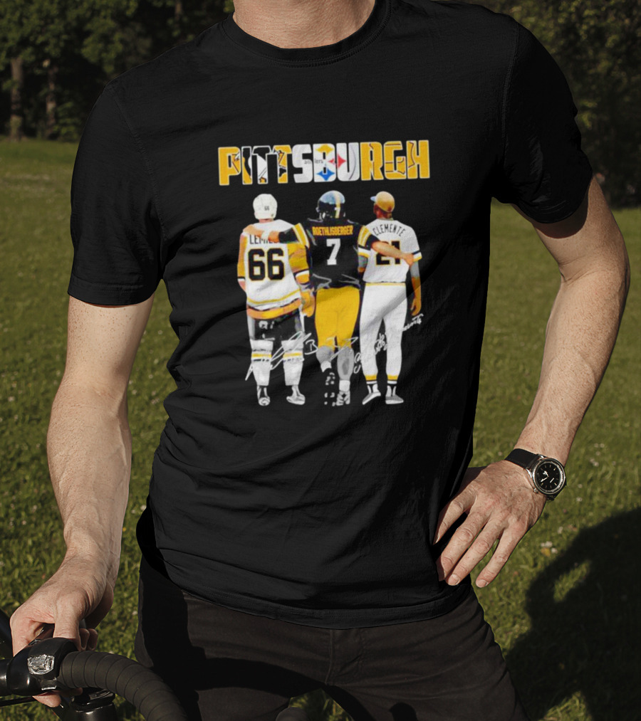 Pittsburgh Penguins Lemieux Steelers Roethlisberger Pirates Clemente Signature T-Shirt