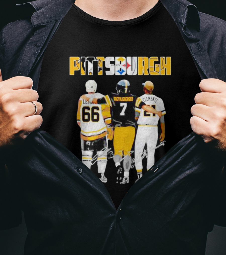 Pittsburgh Penguins Lemieux Steelers Roethlisberger Pirates Clemente Signature T-Shirt