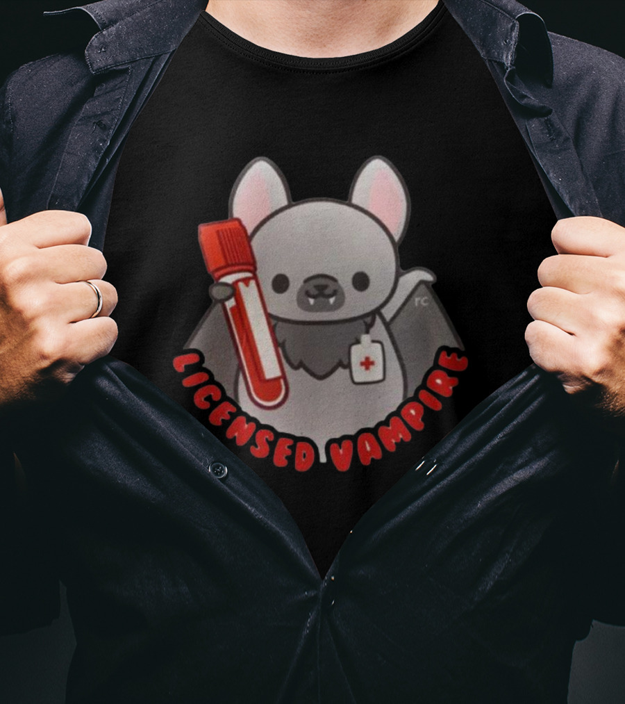 Licensed Vampire Bat Holding Blood Sample Tube T-Shirt