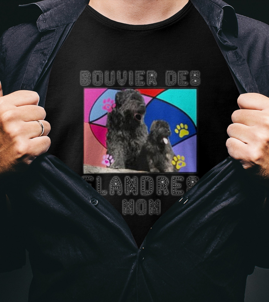 Bouvier Des Flandres Mom Colorful Paw Print Background T-Shirt