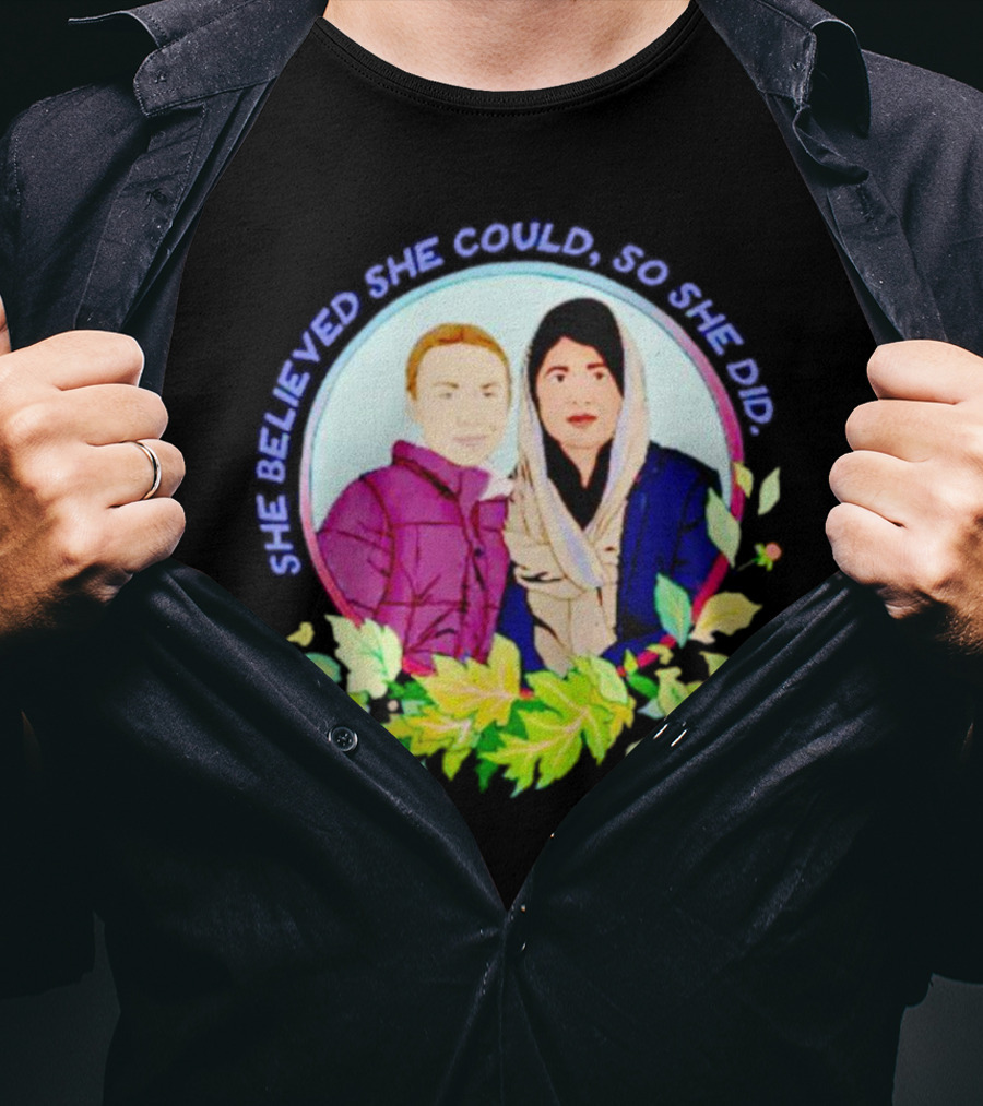 She Believed She Could So She Did Malala Yousafzai In Portrait With Flowers T-Shirt