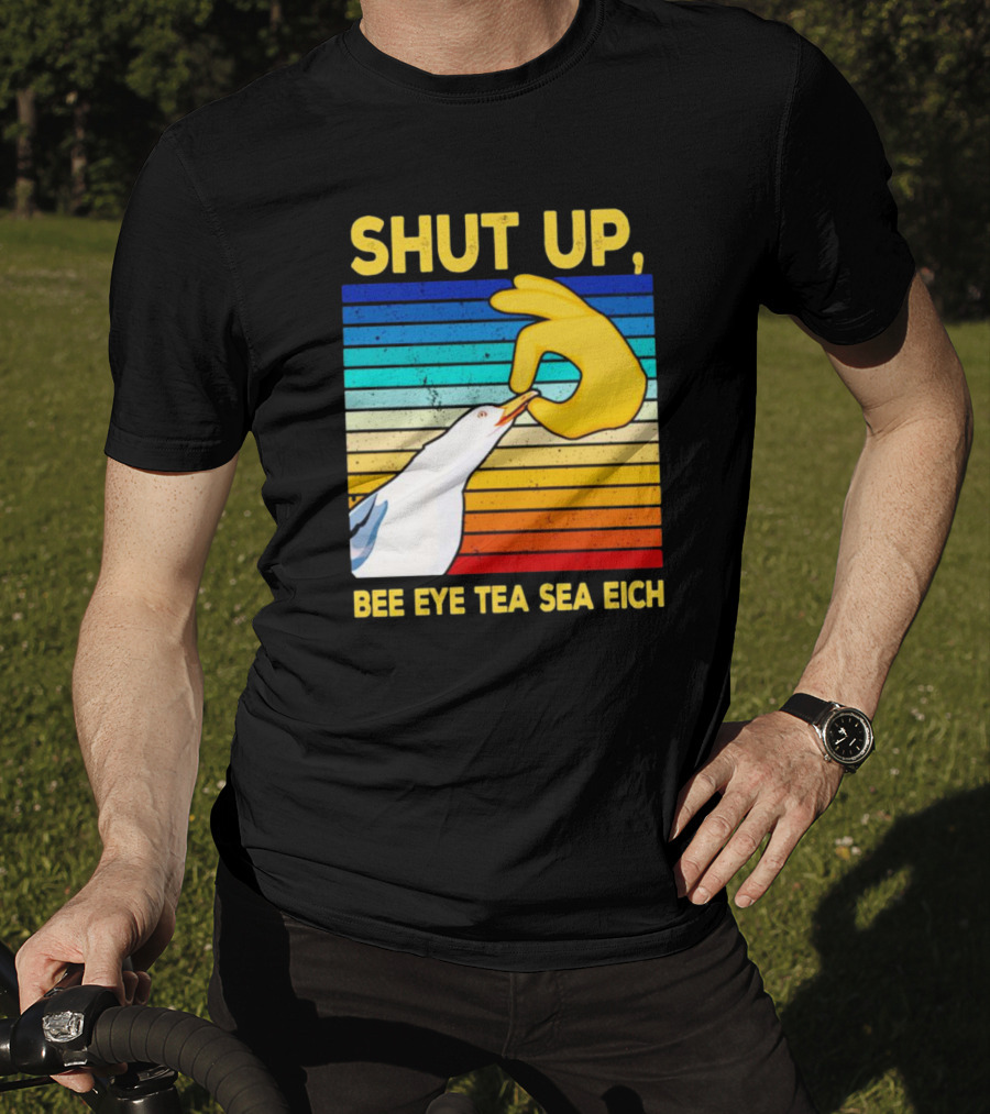 SHUT UP BEE EYE TEA SEA EICH Seagull Yellow Hand Rainbow Stripes T-Shirt