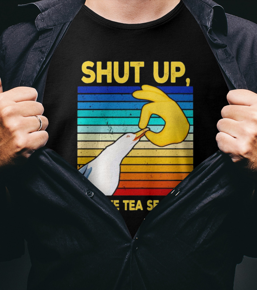 SHUT UP BEE EYE TEA SEA EICH Seagull Yellow Hand Rainbow Stripes T-Shirt