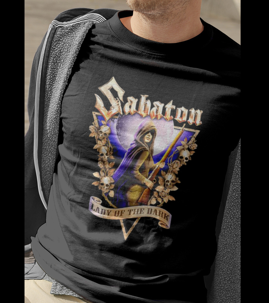 Sabaton Lady Of The Dark Hooded Figure With Floral Skull Motif T-Shirt