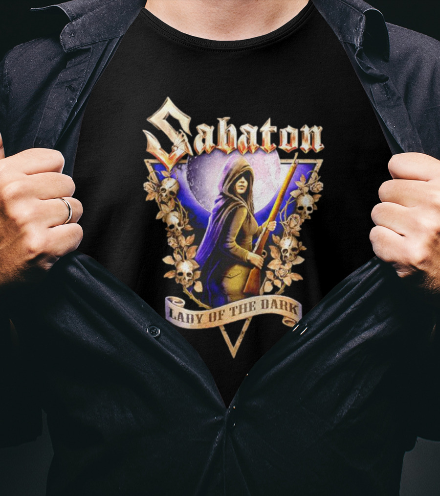 Sabaton Lady Of The Dark Hooded Figure With Floral Skull Motif T-Shirt