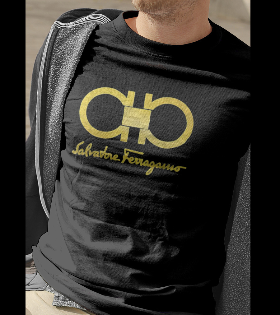 Salvatore Ferragamo Iconic Gold Gancini Emblem And Script Branding T-Shirt