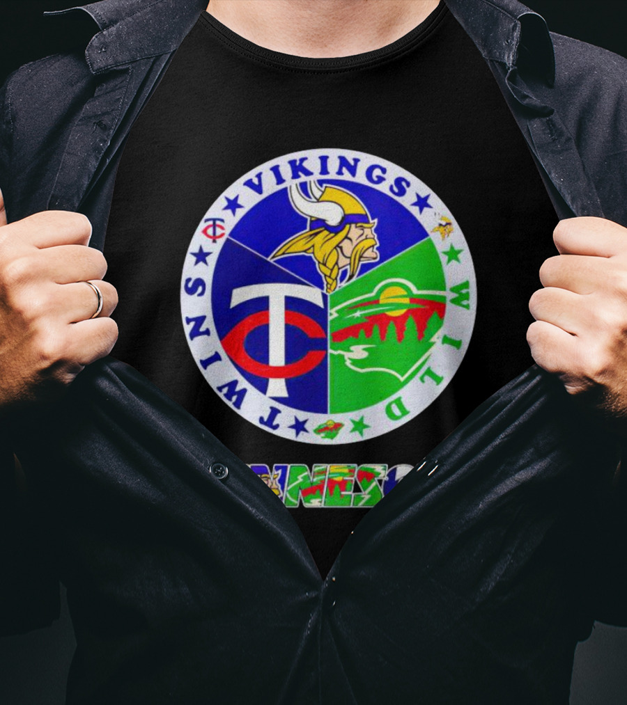 Minnesota Vikings Twins Wild Logos Circle And Colorful Minnesota Text T-Shirt