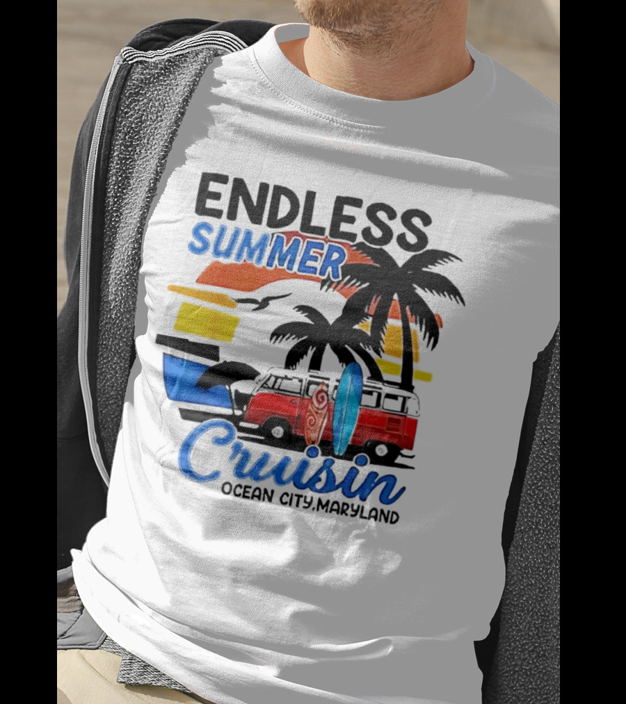 Endless Summer Cruisin Ocean City Maryland Vintage Sunset Surfboard Van Palm Trees T-Shirt