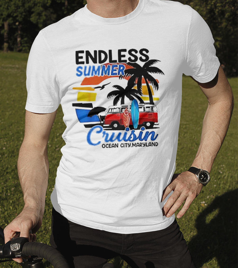 Endless Summer Cruisin Ocean City Maryland Vintage Sunset Surfboard Van Palm Trees T-Shirt