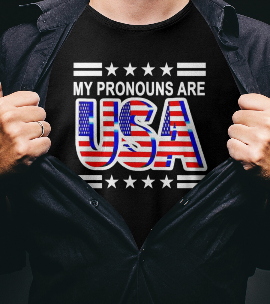 My Pronouns Are USA Flag Stars Stripes Patriotic Text T-Shirt
