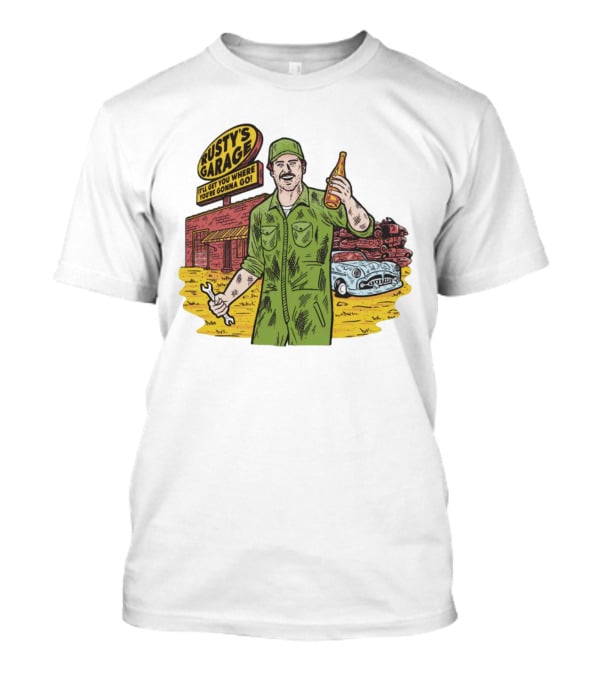 Rusty’s Garage It’ll Get You Where You’re Gonna Go Retro Mechanic Holding Wrench And Drink With Vintage Car And Workshop Scene T-Shirt